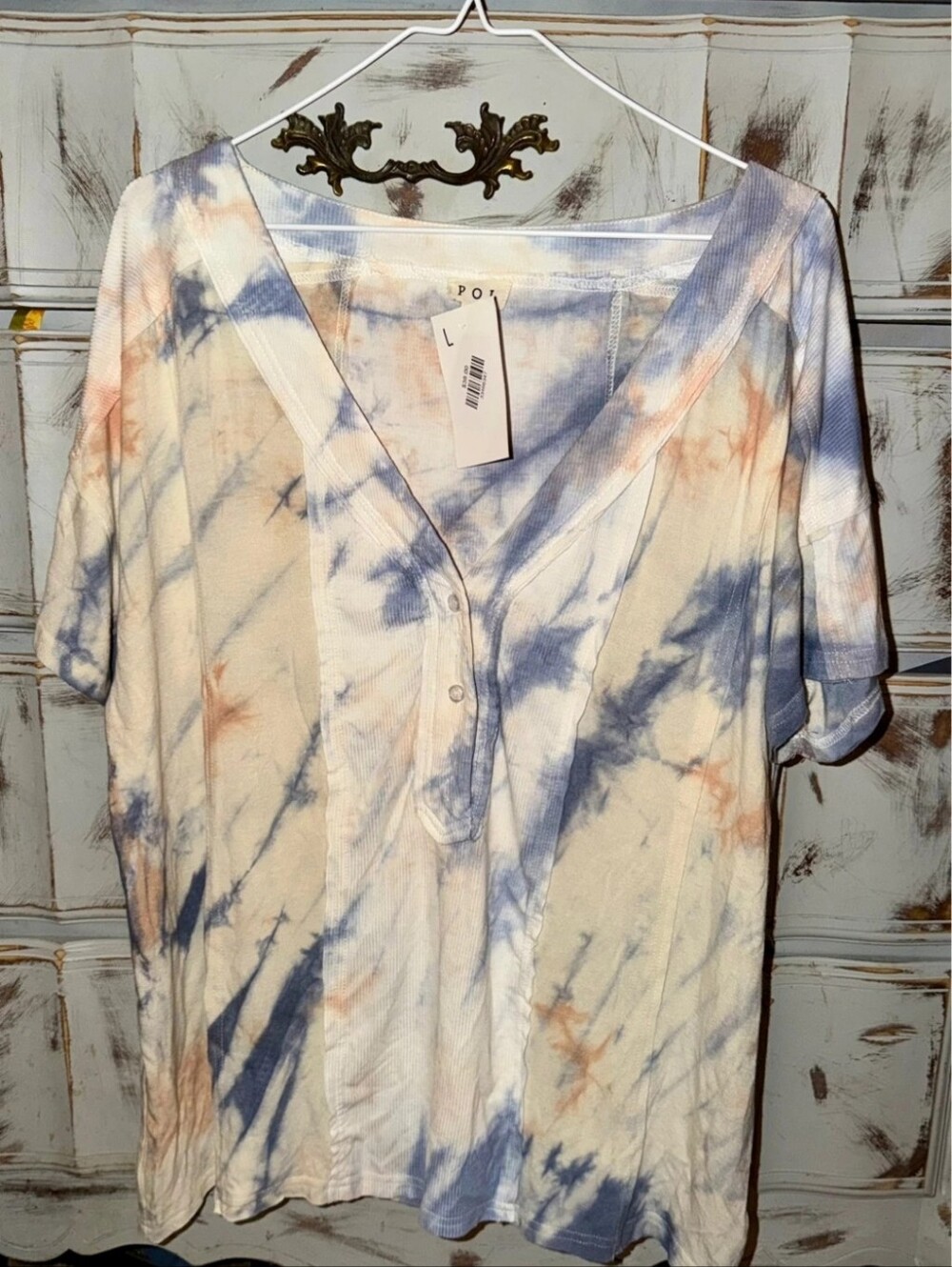 POL Tie-Dye V-Neck Henley Top NWT